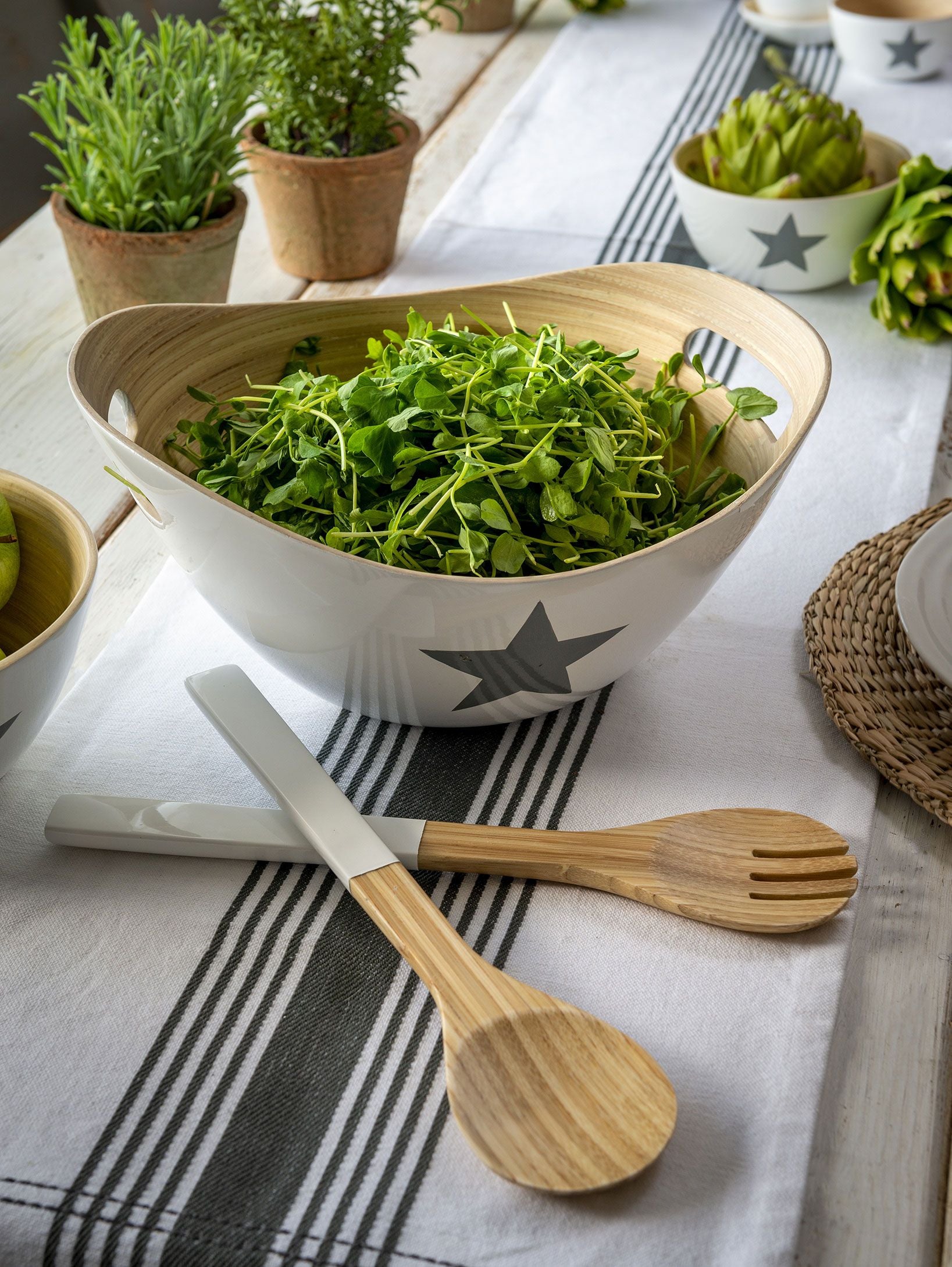Bamboo Star Detail Salad Bowl with Set of Salad Servers - Kate's Cupboard