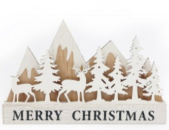 Merry Christmas Wooden Standing Sign with Snow Topped Mountains and Reindeer