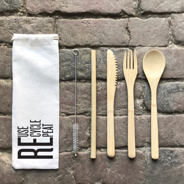 Reusable Picnic Cutlery and Straw Set in Storage Bag by East of India - Kate's Cupboard