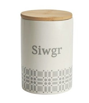 White with Grey Detail Ceramic Storage Cannister with Wooden Lid - Siwgr - Welsh Sugar