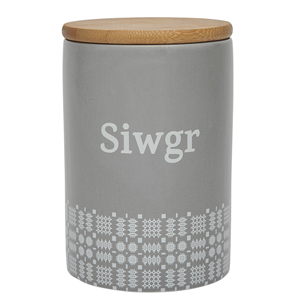 Grey Ceramic Storage Cannister - Siwgr - Welsh Sugar - Kate's Cupboard