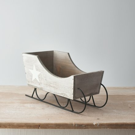 Small Wooden Decorative Christmas Sleigh with Star Detail and Metal Skids - Kate's Cupboard