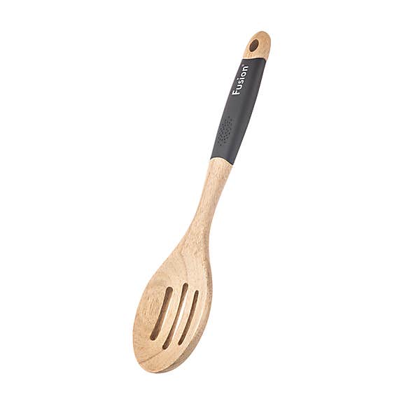 Fusion Acacia Wood Slotted Spoon with Soft Grip Handle - The Cooks Cupboard Ltd