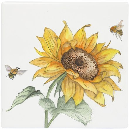 Fine China Bee-tanical Coaster with Cork Back - Sunflower and Bees