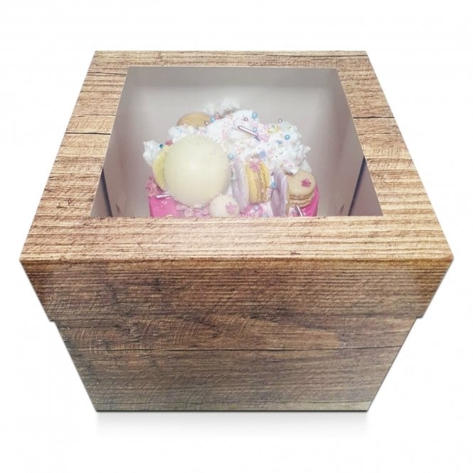 Wood Effect with Acetate Window Lid Tall Cake Box - 10.5" x 10.5" x 10" Tall - Kate's Cupboard