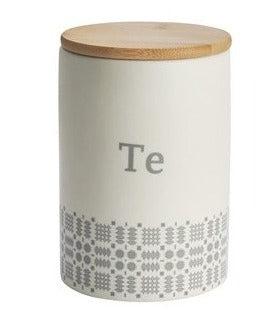 White with Grey Detail Ceramic Storage Cannister with Wooden Lid - Te - Welsh Tea