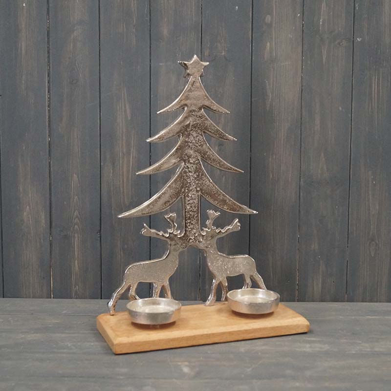 Metal and Wood Christmas Tree and Stg Double Candle Holder Ornament - Kate's Cupboard