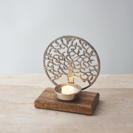 Tree of Life Rustic Wood and Metal Decorative Candle Holder