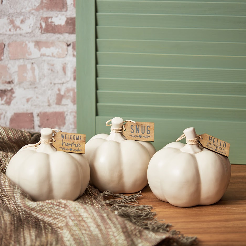 White Ceramic Decorative Pumpkin with Wooden Tag Detail - Sold Singly - Kate's Cupboard
