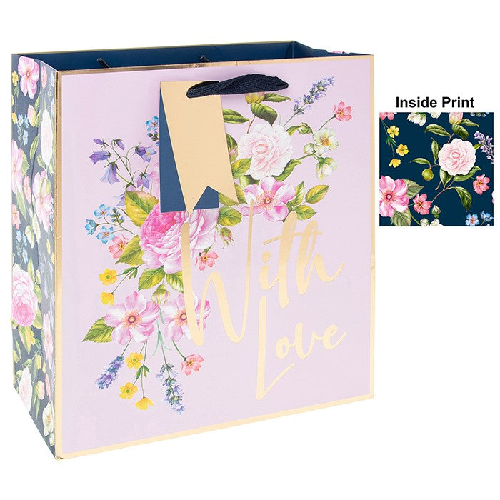 With Love Pink Floral and Gold Design Gift Bag - Medium